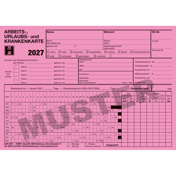 Arbeits- und Urlaubskarten 2027, Art.-Nr. AUK2027 - Paterno B2B-Shop