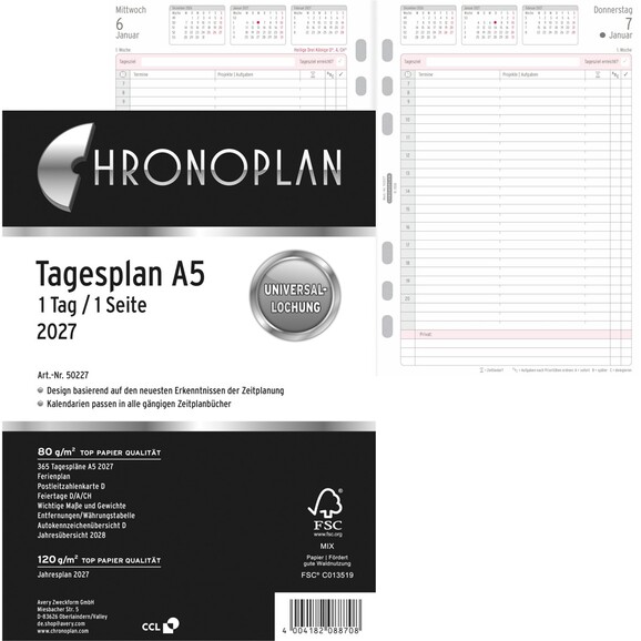 Kalendereinlage Chronoplan Tagesplan A5, Art.-Nr. 5022J - Paterno B2B-Shop