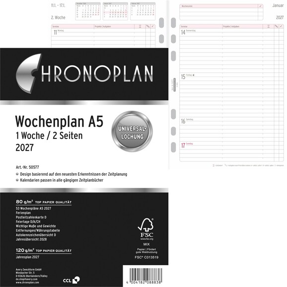Kalendereinlage Chronoplan Wochenplan A5, Art.-Nr. 5057J - Paterno B2B-Shop
