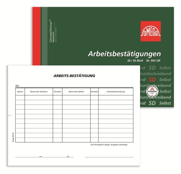 Arbeitsbestätigung Omega A5 quer 2x50 Blatt, Art.-Nr. 993OK - Paterno B2B-Shop