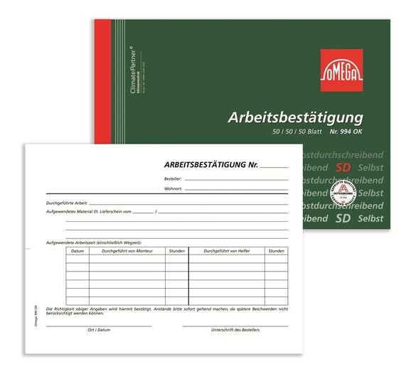 Arbeitsbestätigung Omega A5 quer 3x50 Blatt, Art.-Nr. 994OK - Paterno B2B-Shop