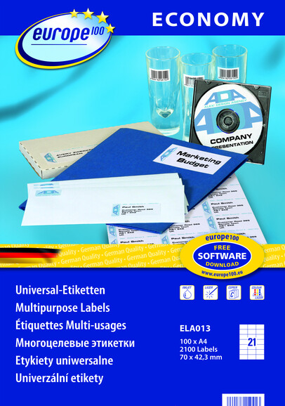Universaletiketten A4 Europe 100, 70x42,3 mm weiß, Art.-Nr. ELA-0013 - Paterno B2B-Shop
