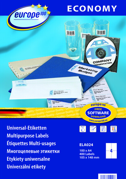 Universaletiketten A4 Europe 100 105x148,5mm weiß, Art.-Nr. ELA-0024 - Paterno B2B-Shop