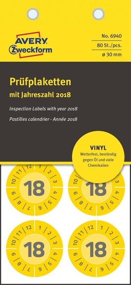 Prüfplaketten ZWF 2018 Vinyl 30mm, gelb, Art.-Nr. 6940ZWF - Paterno B2B-Shop