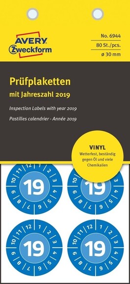 Prüfplaketten ZWF 2019 Vinyl 30mm, blau, Art.-Nr. 6944ZWF - Paterno B2B-Shop