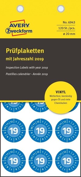 Prüfplaketten ZWF 2019 Vinyl 20mm, blau, Art.-Nr. 6943ZWF - Paterno B2B-Shop