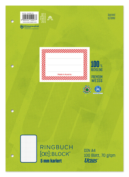 Ringbuchblock Ursus Green A4 100 Blatt 5mm kariert, Art.-Nr. 044380-20 - Paterno B2B-Shop