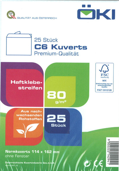 Kuvert ÖKI C6 ÖF 80 gr. weiss, Art.-Nr. C6-ÖF-PRE80-C25 - Paterno B2B-Shop