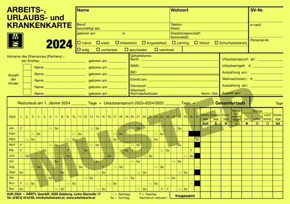 Arbeits- und Urlaubskarten 2024, Art.-Nr. AUK2024 - Paterno B2B-Shop