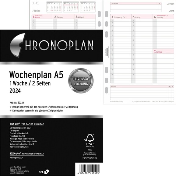 Kalendereinlage Chronoplan Wochenplan A5, Art.-Nr. 5023J - Paterno B2B-Shop