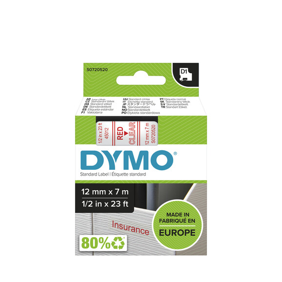 Beschriftungsband Dymo 12mmx7m rot farblos, Art.-Nr. 00450-RTTR - Paterno B2B-Shop