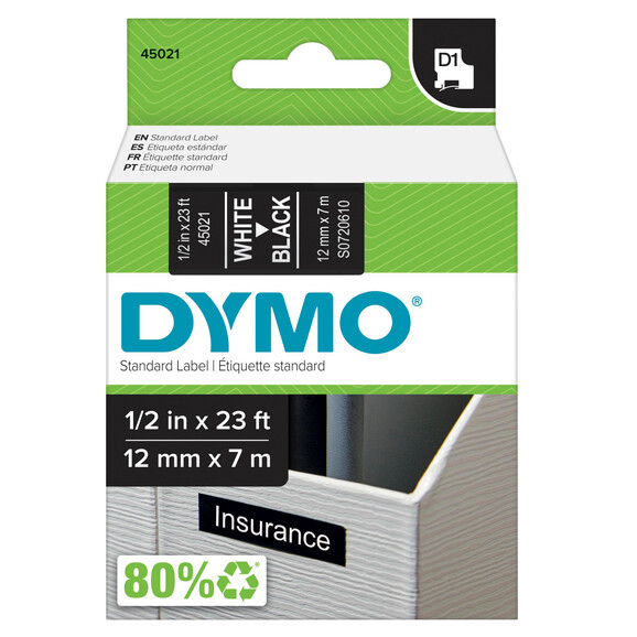 Beschriftungsband Dymo 12mmx7m weiss schwarz, Art.-Nr. 00450-WSSW - Paterno B2B-Shop