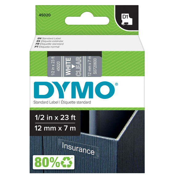 Beschriftungsband Dymo 12mmx7m weiss farblos, Art.-Nr. 00450-WSTR - Paterno B2B-Shop