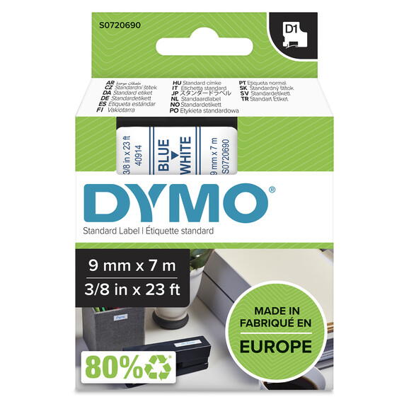 Beschriftungsband Dymo 9mmx7m blau weiss, Art.-Nr. 00409-BLWS - Paterno B2B-Shop