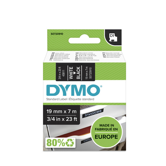 Beschriftungsband Dymo 19mmx7m weiss auf schwarz, Art.-Nr. 00458-WSSW - Paterno B2B-Shop