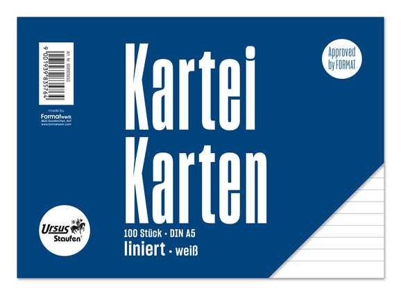 Karteikarten liniert weiss A5 quer 100 Blatt 190g/qm, Art.-Nr. 094072000 - Paterno B2B-Shop