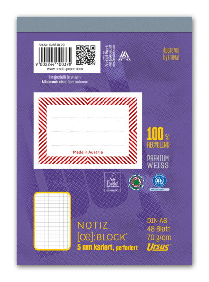 Notizblock Ursus A6 48 Blatt 70g/qm kariert, Art.-Nr. 036648-20 - Paterno B2B-Shop