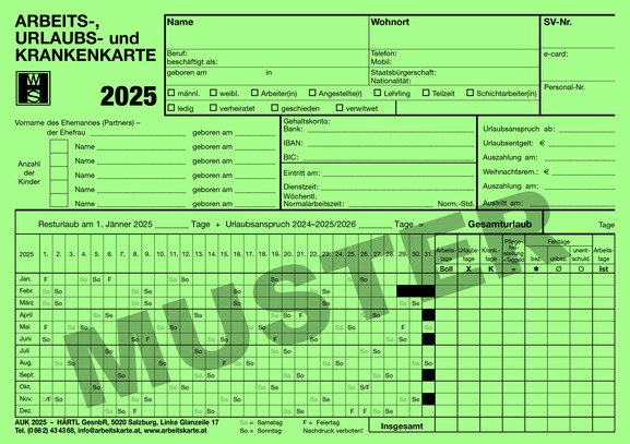 Arbeits- und Urlaubskarten 2025, Art.-Nr. AUK2025 - Paterno B2B-Shop