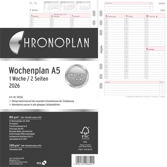 Kalendereinlage Chronoplan Wochenplan A5, Art.-Nr. 5023J - Paterno B2B-Shop