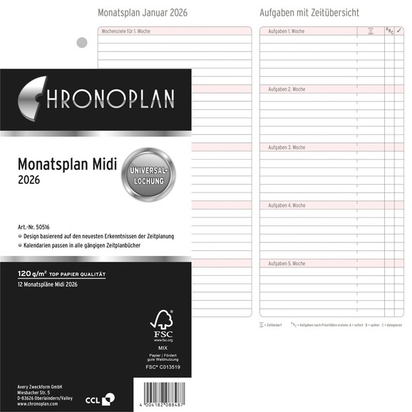 Kalendereinlage Chronoplan Midi Monatsplan, Art.-Nr. 5051J - Paterno B2B-Shop