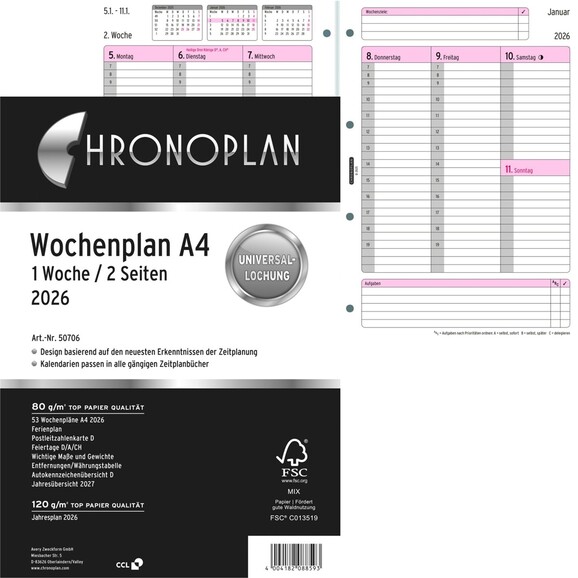 Kalendereinlage Chronoplan Wochenplan A4, Art.-Nr. 5070J - Paterno B2B-Shop Kalendereinlage Chronoplan Wochenplan A4, Art.-Nr. 5070J - Paterno B2B-Shop
