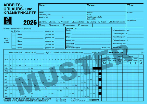 Arbeits- und Urlaubskarten 2026, Art.-Nr. AUK2026 - Paterno B2B-Shop